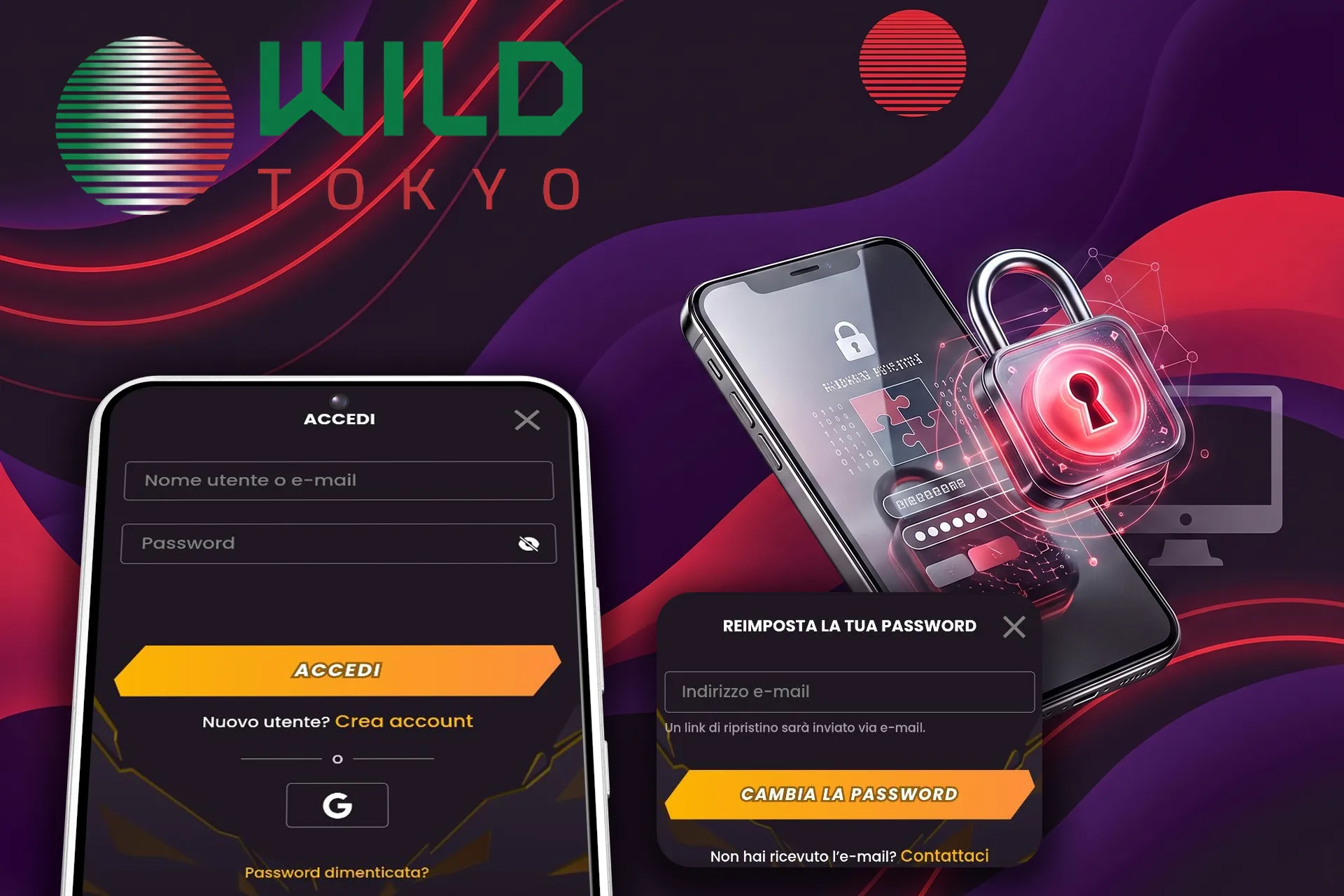 Accesso sicuro e procedura di recupero password in Wild Tokyo, illustrata da un lucchetto digitale illuminato e dalla schermata di login su smartphone